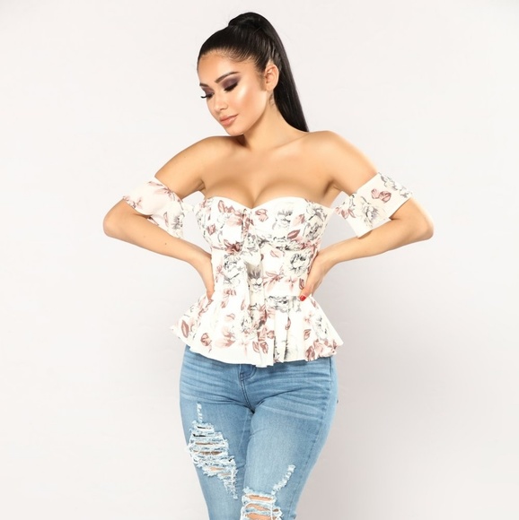 White floral nude mauve off shoulder peplum top XL - Picture 2 of 4
